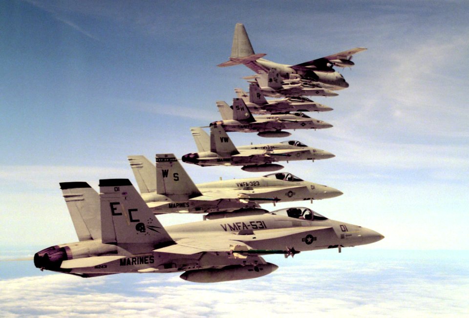 Marine Air Group 11 Hornets with KC-130R over MCAS EL Toro 1992