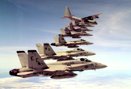 Marine Air Group 11 Hornets with KC-130R over MCAS EL Toro 1992
