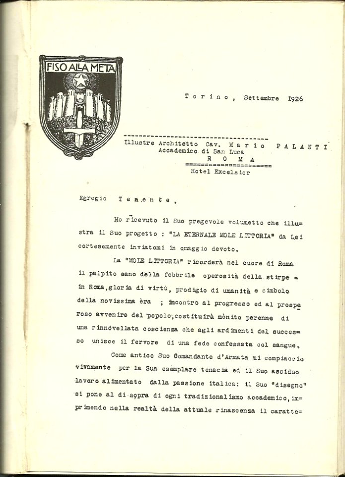 Mario Palanti - L'eternale mole littoria 1926 - lettera duca aosta1