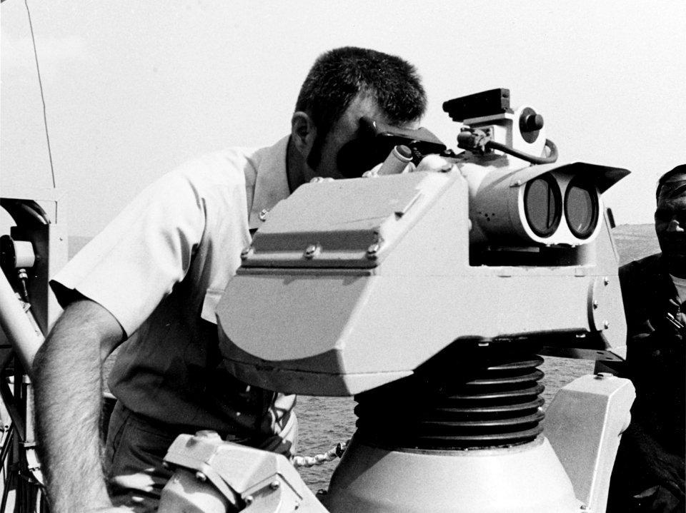 Mark 87 gun fire control system optical unit on USS Ready (PG-87) in 1974