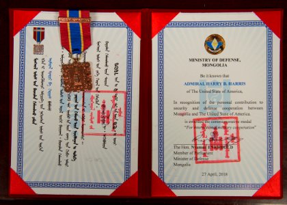 Mongolian Medal for International Military Cooperation Presented to ADM Harry Harris