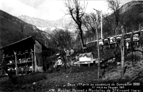 Montalieu de Saint-Vincent-de-Mercuze, rucher Monnet gagnant 2 1er prix au concours de Goncelin 1909, 1er prix au Touvet 1911, p24 L'Isère 1900-1920