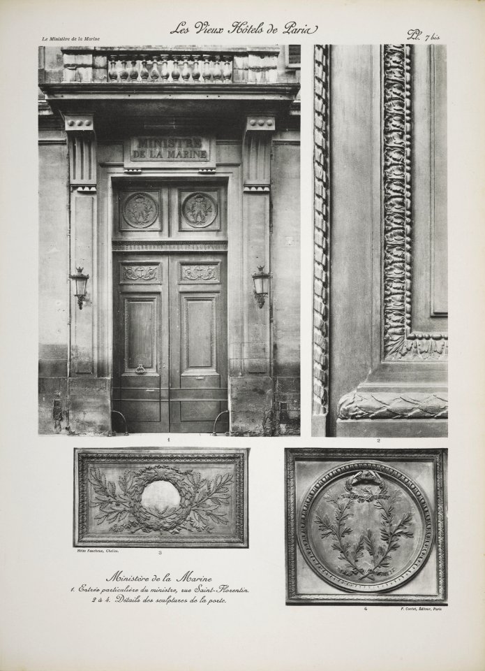 Ministère de la Marine. 1. Entrée particulière du ministre, rue Saint-Florentin. 2 à 4. Détails des sculptures de la porte (jlpw15 0733)