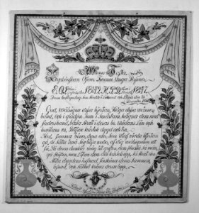 Minnestavla målad av Larshans Per Persson 1866 till bröllop - Nordiska Museet - NMA.0043983