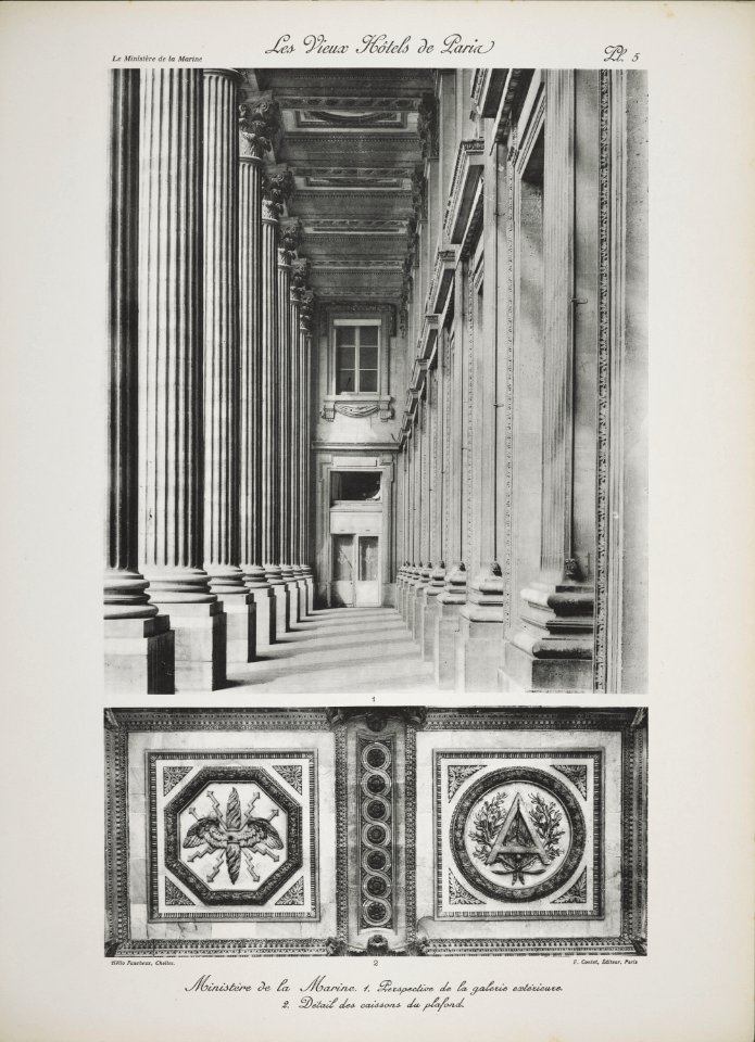 Ministère de la Marine. 1. Perspective de la galerie extérieure. 2. Détails des caissons du plafond (jlpw15 0730)