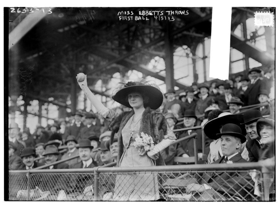 Miss Genevieve Ebbets, youngest daughter of Charley Ebbets, throws first ball at opening of Ebbets Field (baseball) LCCN2014692697