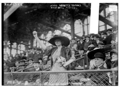 Miss Genevieve Ebbets, youngest daughter of Charley Ebbets, throws first ball at opening of Ebbets Field (baseball) LCCN2014692697