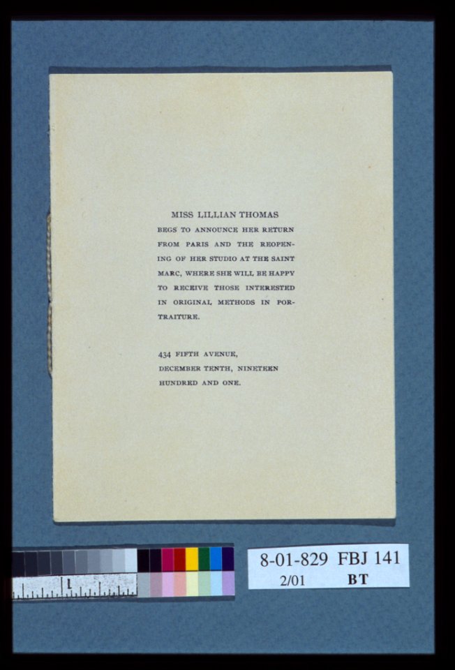 Miss Lillian Thomas begs to announce her return from Paris . . . LCCN2004676266