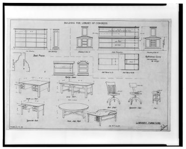 Miscellaneous fixtures, equipment, and finishes (furniture) and alterations to the Library of Congress, Washington, D.C. 53 - desks, tables, rolling cases, press LCCN2003662947