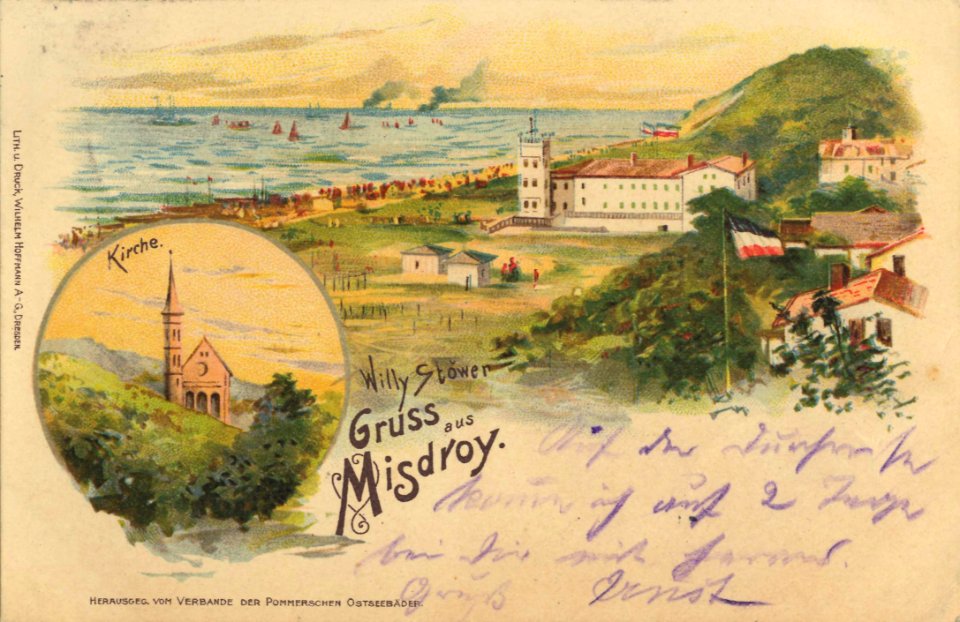 Misdroy, Ostseebad, Pommern - Strandansicht; Kirche (Zeno Ansichtskarten)