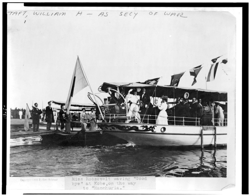Miss Roosevelt waving goodbye at Kobe, on the way to Manchuria LCCN95504446