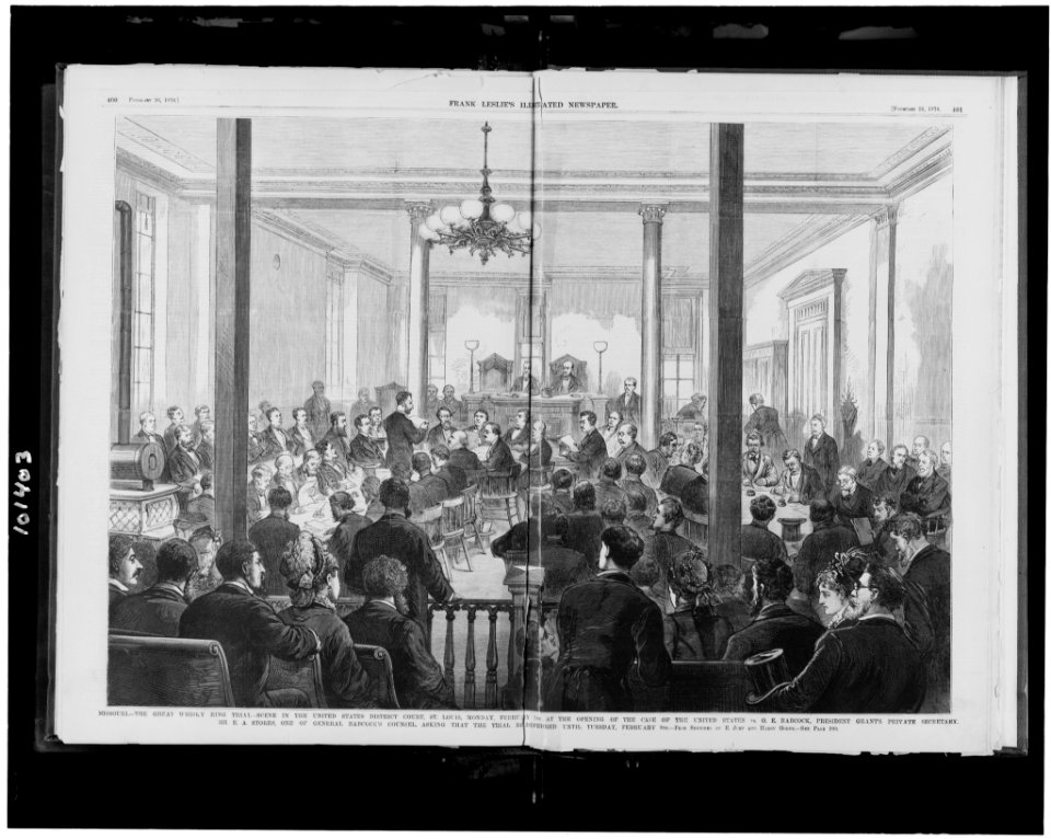 Missouri-The great Whisky Ring trial-Scene in the United States District Court, St. Louis, Monday, February 7th, at the opening of the case of the United States vs. O.E. Babcock, President LCCN90711830