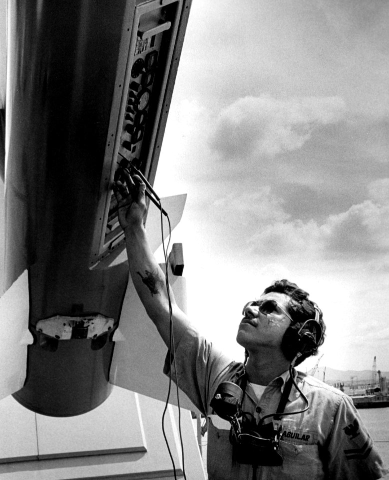 Missile inspection aboard USS Sterett (CG-31), circa in 1978 (NH 106942)