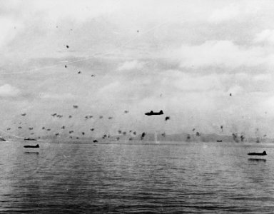 Mitsubishi G4M1 bombers attack the invasion force between Guadalcanal and Tulagi on 8 August 1942 (80-G-17066)