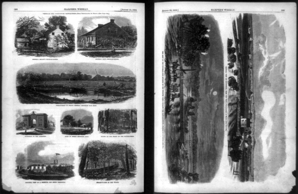 Nine views of the Gettysburg battlefield from photographs by Mathew Brady and Army of the Potomac's Twelfth Corps crossing the Rappahannock River in pursuit of Robert E. Lee from a sketch by LCCN90707483