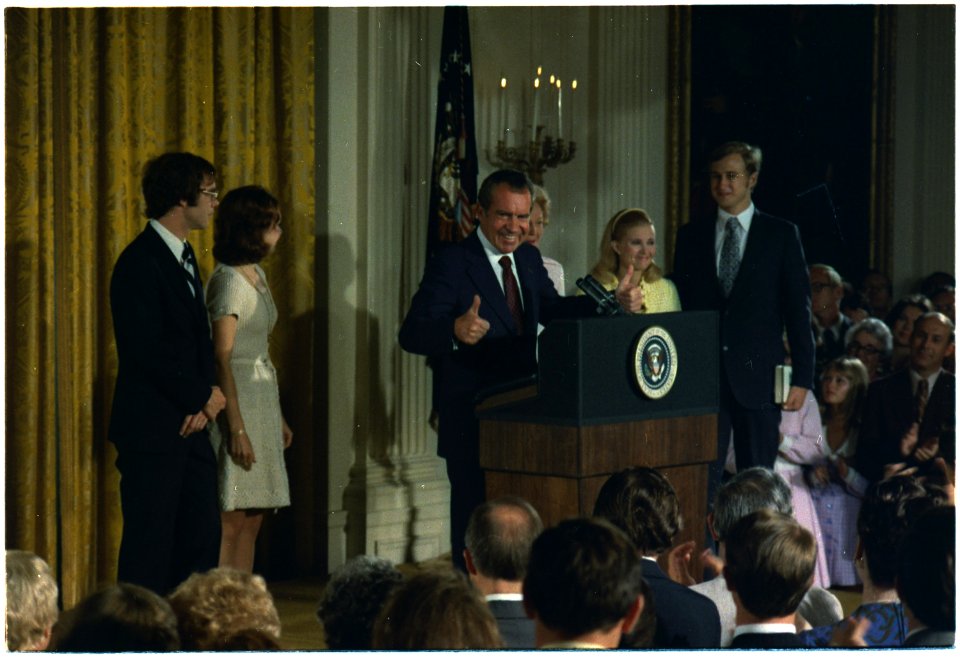 Nixon addressing this cabinet and White House staff in the East Room of the White House prior to his departure. - NARA - 194596