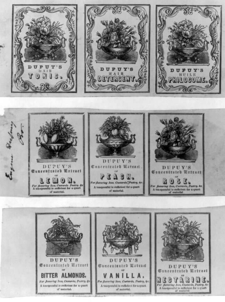 Nine advertisement labels for Dupuy products LCCN2001701420