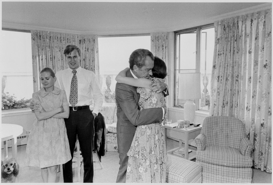 Nixon hugging Julie shortly after his resignation - NARA - 194592