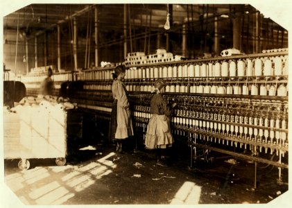 Noon hour at Newberry, (S.C.) Mill. Plenty of youngsters here. Note- In handwriting on the back of this photo it says- 'Two of the many small children I found at work at the Newberry Cotton LOC nclc.05383