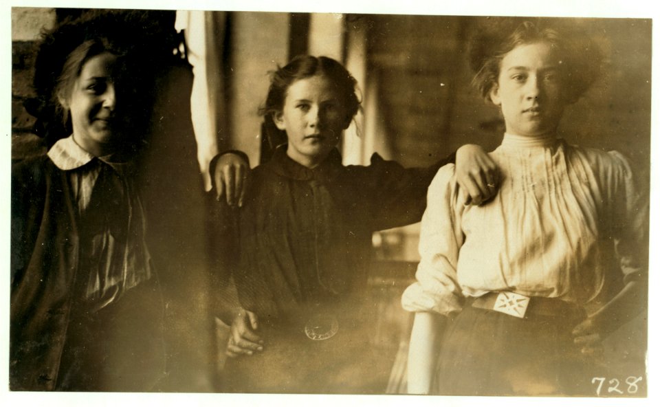 Noon hour in drawing-in room of American Woolen Co., Winooski, Vermont. (Not the youngest girls.) Right hand- Tessie McGarth, next Sadio Finnogan, next Bernice Bedard. Two of them look to be LOC cph.3b25724