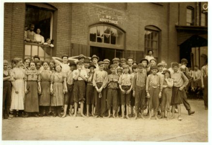 Noon-hour at the Riverside Cotton Mills, Danville, Va. Group of spinners, doffers, etc. All work. Some here are surely under fourteen, but not many. LOC nclc.02170 photo