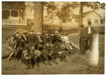 Noon-hour, Indian Head Mills. All are workers. The very youngest refused to be photo'd. The Supt. seemed worried about my photographing the workers. He said, 'Now we observe the child labor LOC nclc.01962