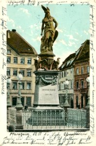 Marktplatz in Pforzheim mit dem Kriegerdenkmal für die deutschen Soldaten, die im Krieg 1870-1871 gefallen sind, Ansichtskarte von 1914