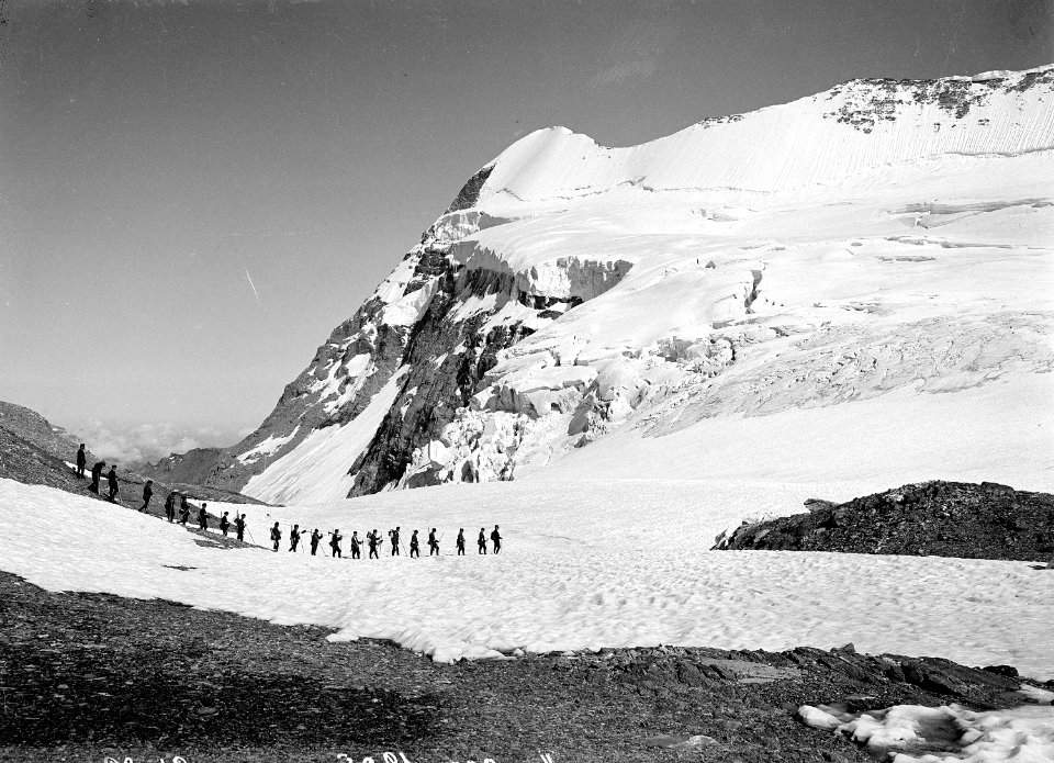 Marsch über ein Schneefeld. Im Hintergrund Gletschergebiet - CH-BAR - 3238893