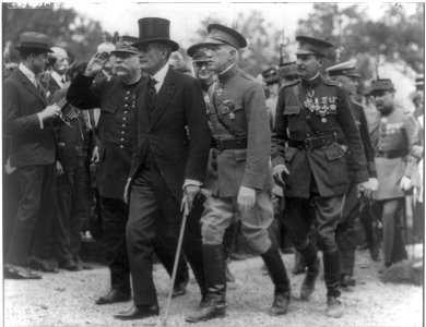 Marshal Joffre, Ambassador Herrick, Lt. Col. Francis E. Drake and Lt. Col. Cabot Ward arriving at Suresnes Cemetery, France, for Memorial Day services. LCCN2016650574