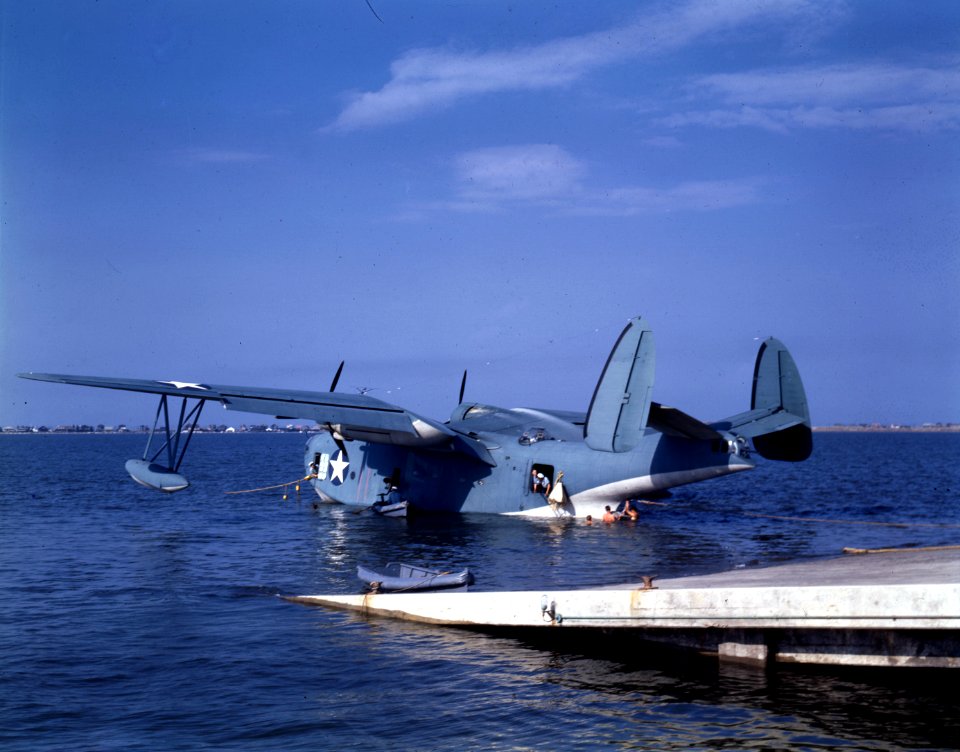 Martin PBM-3 Mariner is being rigged for beaching at Naval Air Station Norfolk, Virginia (USA), circa mid-1942 (80-G-K-15963)