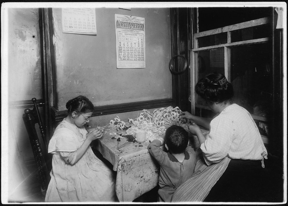 Mary Prenda, 13 years old. Short-sighted girl with glasses working after school on flowers with Mary's aunt. New York... - NARA - 523494
