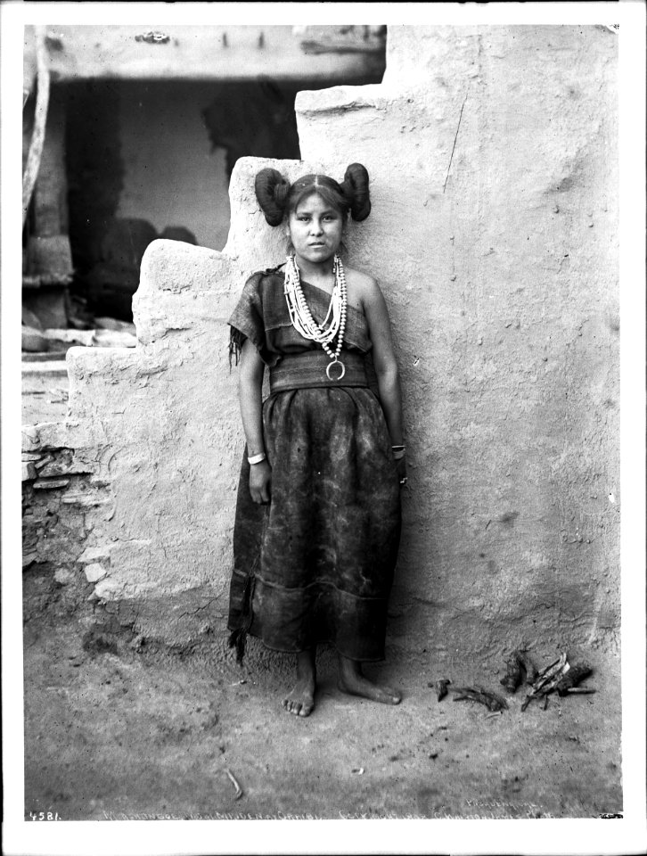 Mashonga, a Hopi maiden wearing rich silver ornaments made by Navajo Indians, Oraibi, Arizona, ca.1898 (CHS-4581)