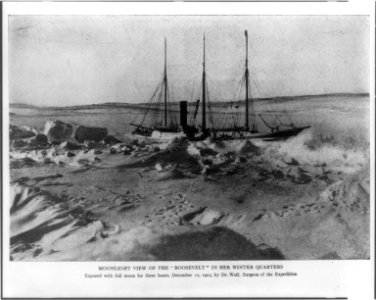 Moonlight view of the Roosevelt in her winter quarters exposed with full moon for three hours, December 12, 1905, by Dr. Wolf, surgeon of the expedition. LCCN2012650303