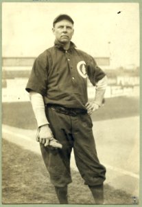 Mordecai Peter Centennial Brown, (Three Finger Brown), baseball player for Chicago National League, posed, standing, on baseball field LCCN89714163