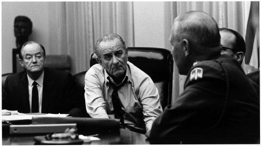 Moods, Vice President Hubert H. Humphrey, President Lyndon B. Johnson, General Creighton Abrams in a Cabinet Room... - NARA - 192616