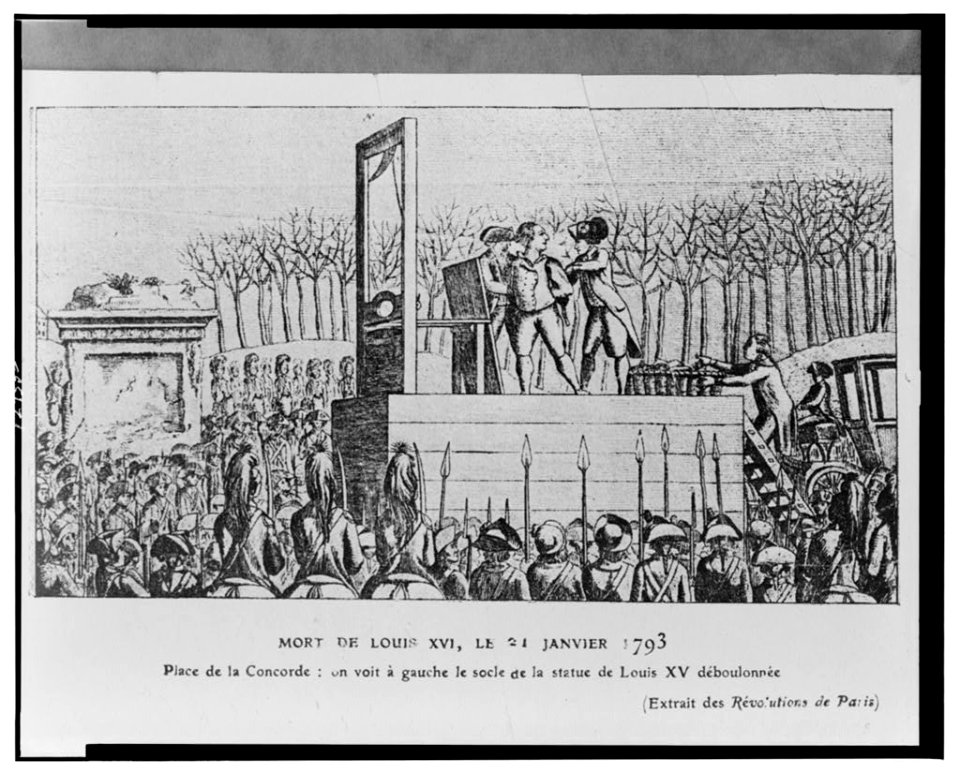 Mort de Louis XVI, le 21 janvier 1793 Place de la Concorde - on voit à gauche le socle de la statue de Louis XV déboulonnée. LCCN2001695230
