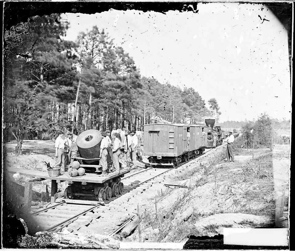 Mortar Dictator mounted on railway car, Lines of Investment, Petersburg, Va. - NARA - 530246