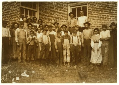 Most of the workers in Munford Cotton Mills. The smallest boy, in middle, a frail anaemic youngster, said he had been doffing over a year. Said he was 12 years old, but I doubt it. The other LOC nclc.01930