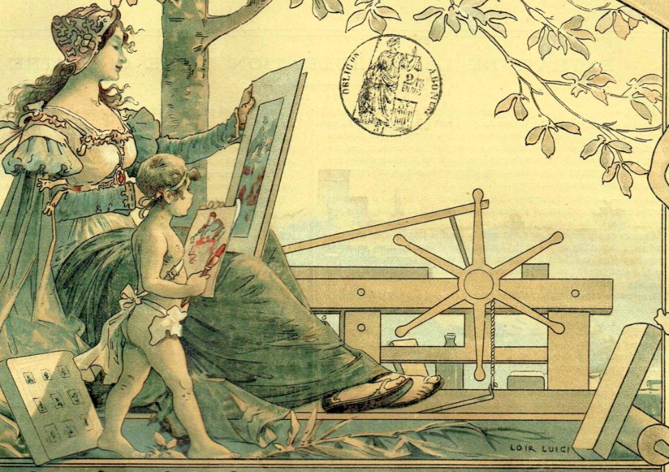 Mother and child art from stock certificate B. Sirven 1901 (cropped)