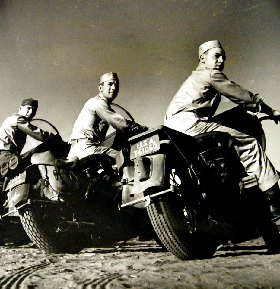 Motorcycle couriers await call during Tripartite Conferences in Cairo, Egypt, 1943 (23773209874)