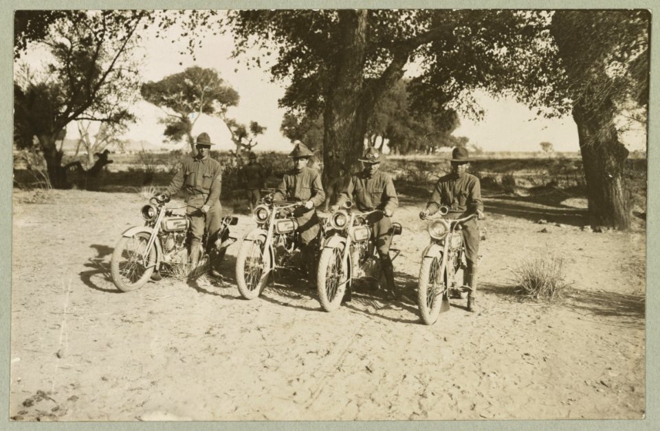 Motorcycle squad attached to brigade headquarters near Casa Grandes, Mexico Mexican-U.S. campaign after Villa, 1916. LCCN2013645867