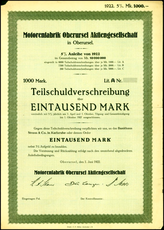Motorenfabrik Oberursel 1922 1000 Mk