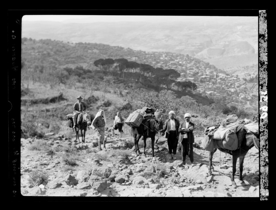 Mount Hermon and vicinity. Ascent to Hermon. Party and pack mules. Hasbeya in distance LOC matpc.15410