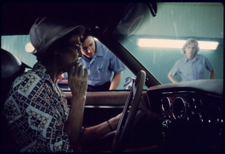 Motorist Drives through the Safety Lane at an Auto Emission Inspection Station in Norwood, Ohio...09-1975 (4265785503)