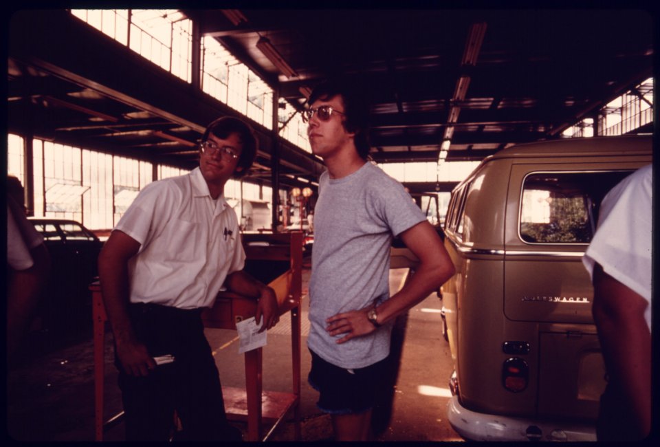 Motorist, Right Center, Looks on as His Van Is Tested at an Auto Emission Inspection Station in Downtown Cincinnati, Ohio...08-1975 (4266541414)