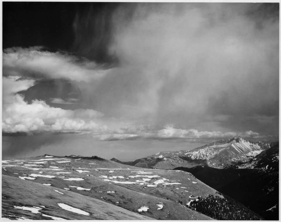 Mountain tops, low horizen, low hanging cloudsIn Rocky Mountain National Park, Colorado., 1933 - 1942 - NARA - 519965
