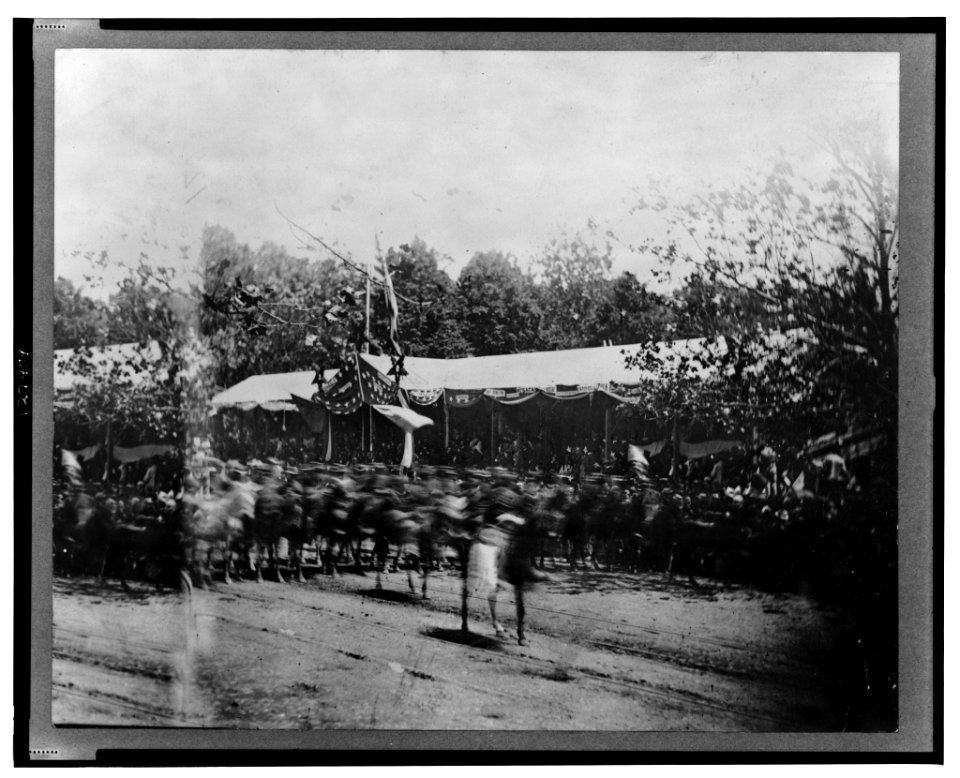 Mounted cavalry riding past reviewing stand during the grand review of the Union Army, Washington, D.C. LCCN00652974