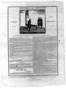 Massacre of the French king! View of la guillotine; or the modern beheading machine, at Paris. By which the unfortunate Louis XVI ... suffered on the scaffold, January 21st, 1793 LCCN2007680140