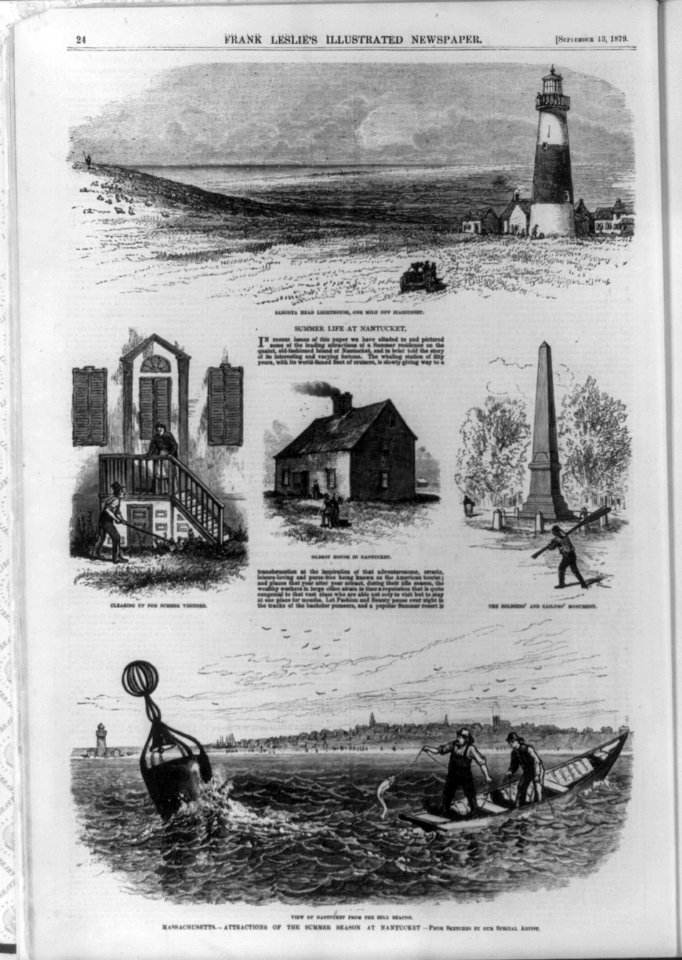 Massachusetts - attractions of the summer season at Nantucket- Sancota Head lighthouse, one mile off Siasoonset; clearing up (cutting grass) for summer visitors; oldest house in Nantucket; LCCN99614064