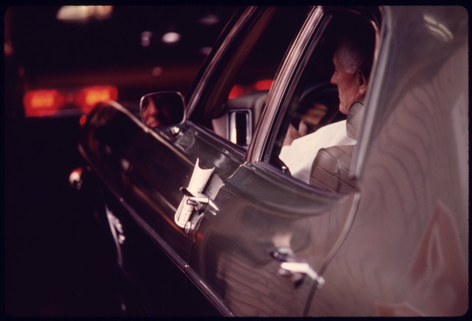 Motorist Gets in Line for the Safety Lane at an Auto Emission Inspection Station in Downtown Cincinnati, Ohio...09-1975 (4265786907)
